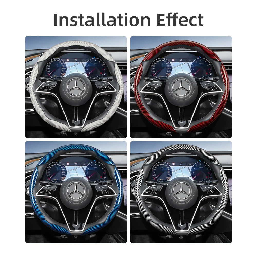 Four views showing the installation effect of a carbon fiber texture steering wheel cover for Mercedes-Benz vehicles.