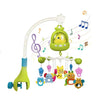 A musical baby crib mobile with a night light projector and soothing sounds featuring colorful toys hanging from a white arc.