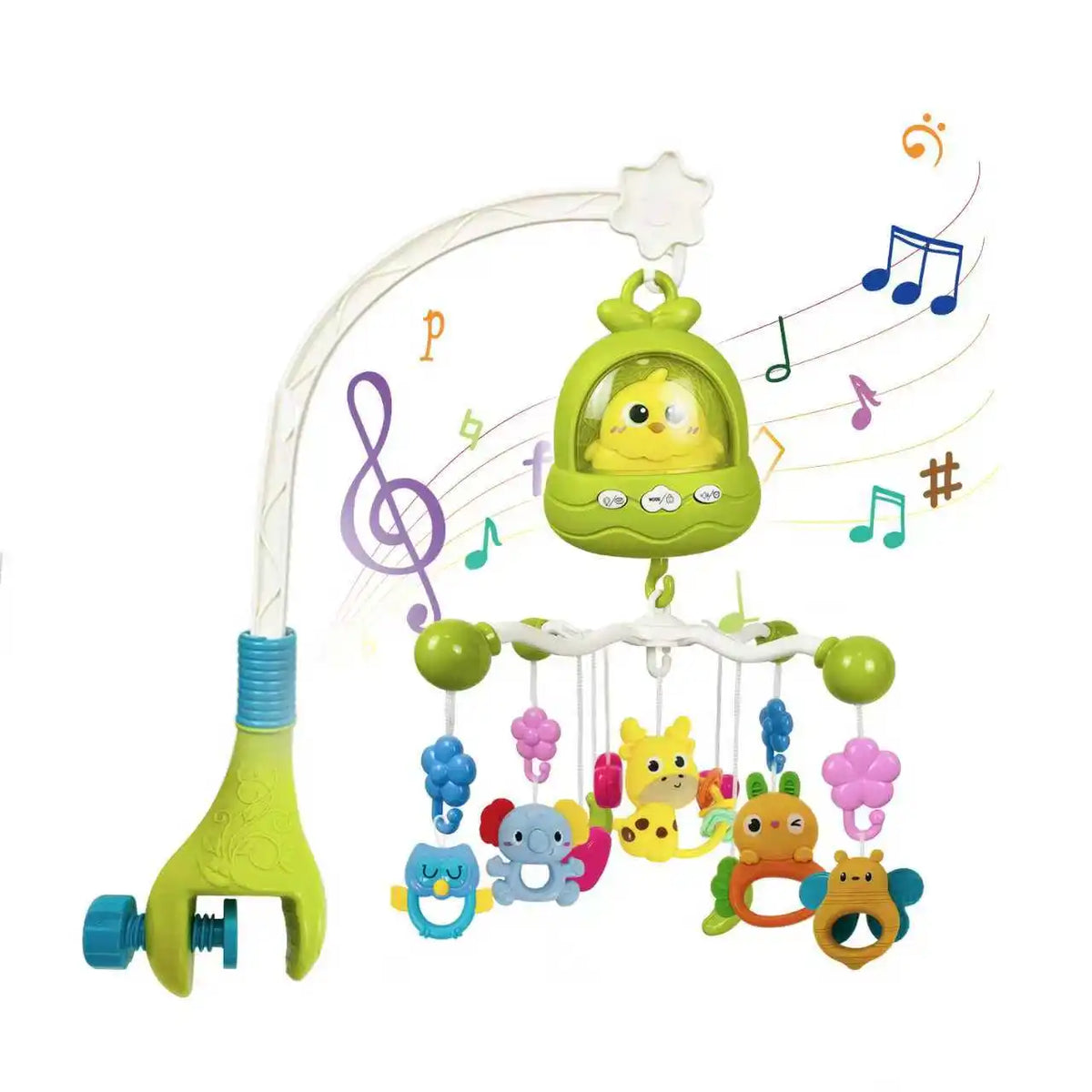 A musical baby crib mobile with a night light projector and soothing sounds featuring colorful toys hanging from a white arc.