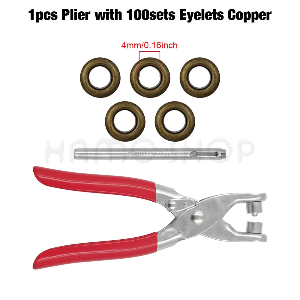 A pair of red and silver pliers with 100 sets of 4mm copper eyelets.