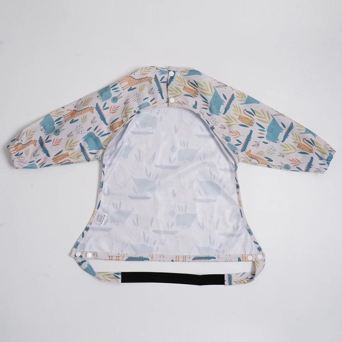 Long-sleeve waterproof baby bibs featuring a light patterned fabric with blue and orange animal designs.
