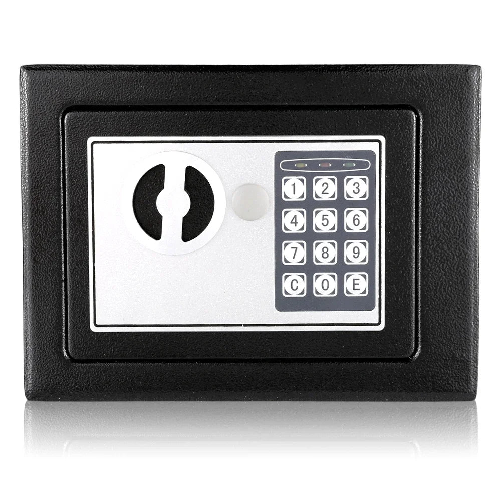 Boîte de sécurité numérique noire avec clavier et lecteur d'empreintes digitales.