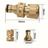 A set of solid brass garden hose quick connectors, including a male and female piece.
