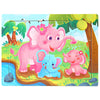 A wooden jigsaw puzzle featuring pink and blue elephants in a jungle setting.