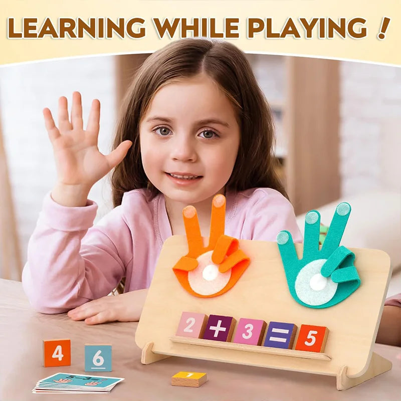 A young girl is playing with a wooden counting toy featuring number blocks and activity cards.