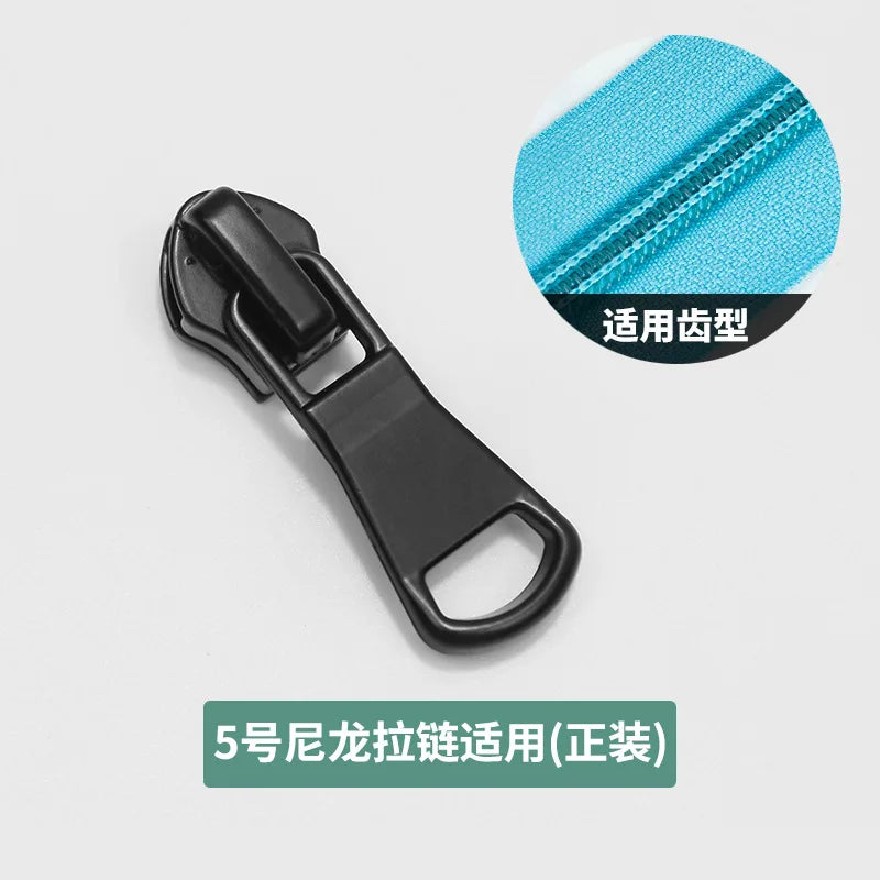 A black zipper slider repair kit with a loop, shown next to a close-up of blue fabric and text indicating its use for zippers