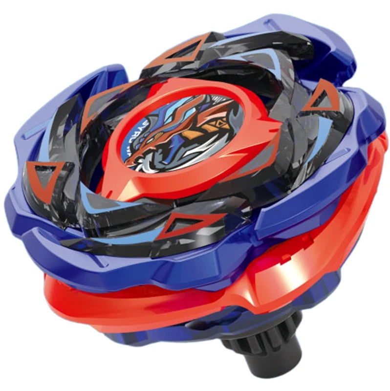 A blue and red precision metal spinning top with a black and orange design.