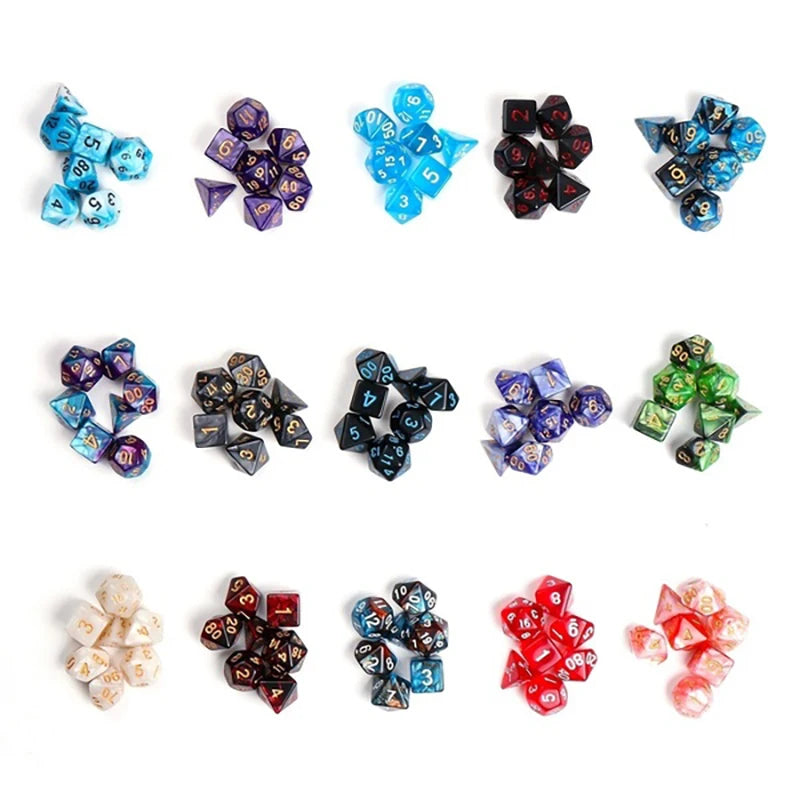 A collection of multicolor polyhedral dice in various shapes and sizes displayed against a white background.