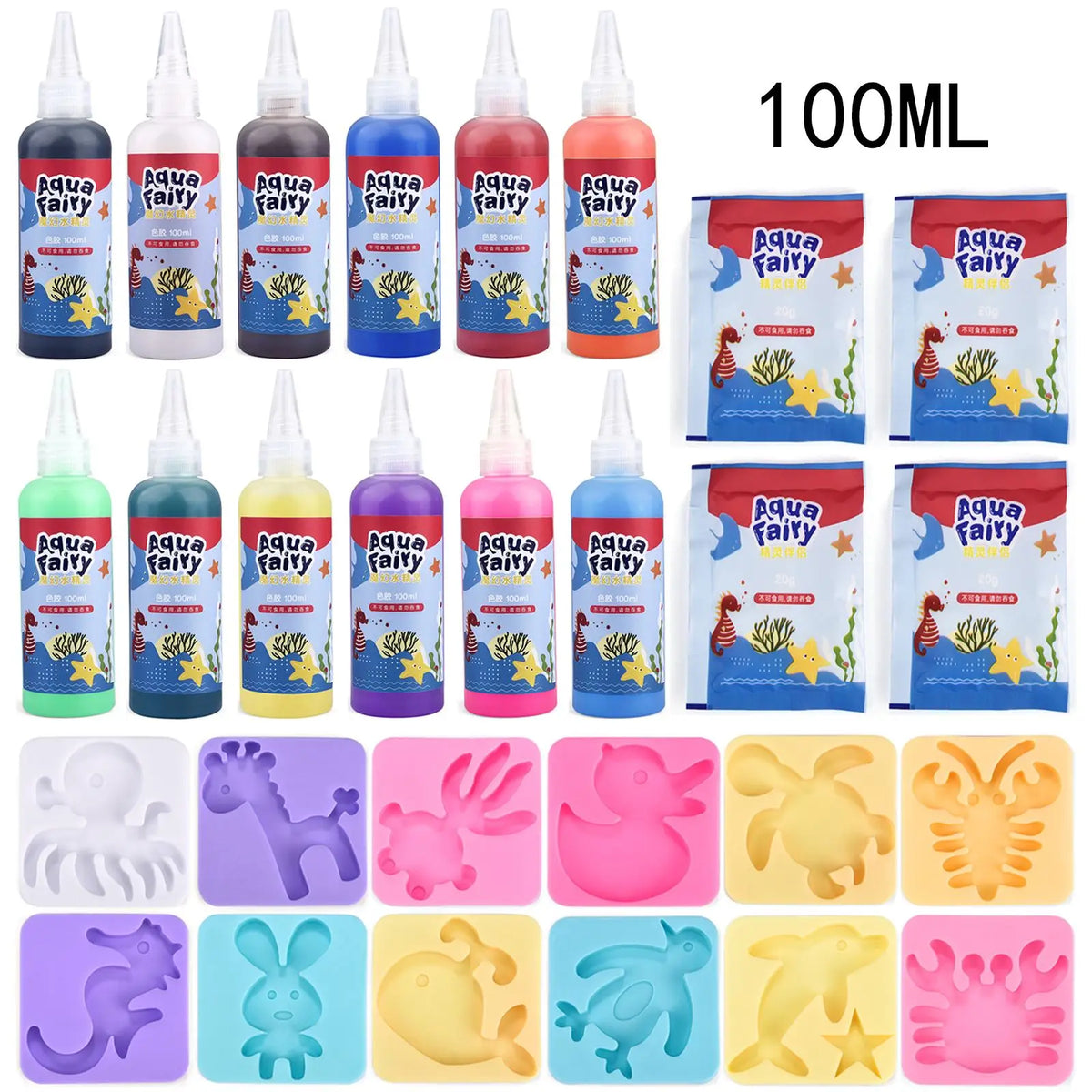A collection of 100ml Aqua Fairy craft kits featuring various colored bottles and corresponding stickers for DIY 3D water elf