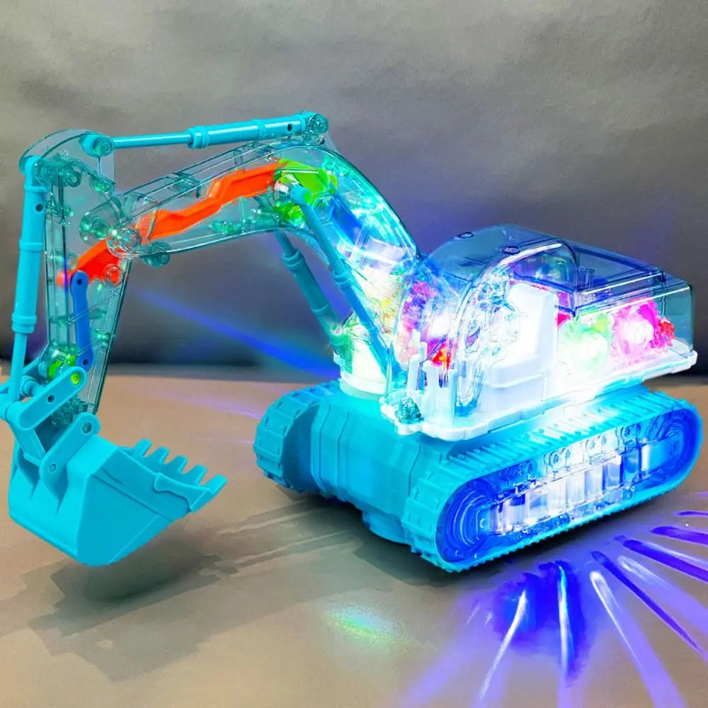 A transparent blue gear excavator toy with internal LED lights is shown on a surface.