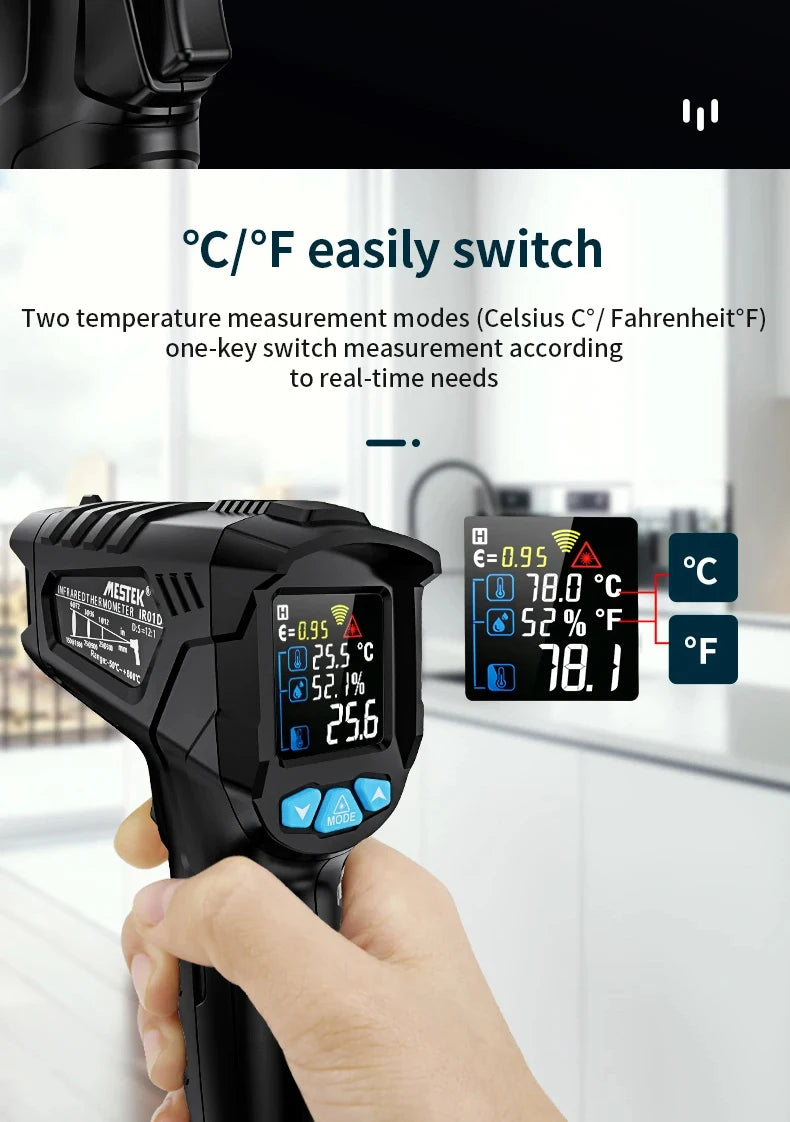 A hand holds a black digital infrared thermometer displaying temperature readings in both Celsius and Fahrenheit.