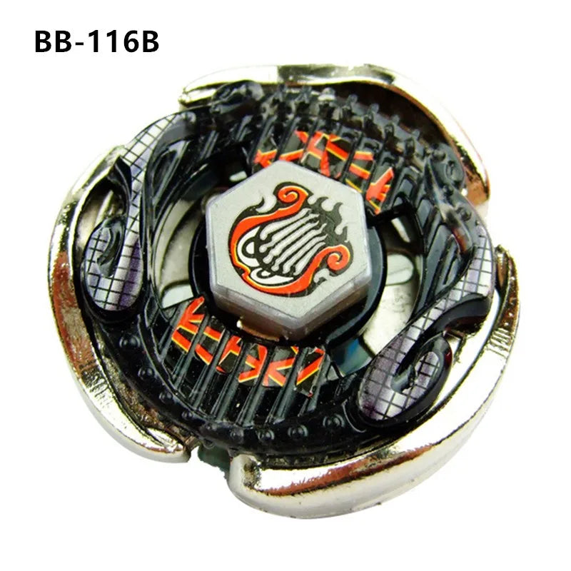 A close-up view of an BB-116B alloy battle spinning top with intricate black and orange detailing.