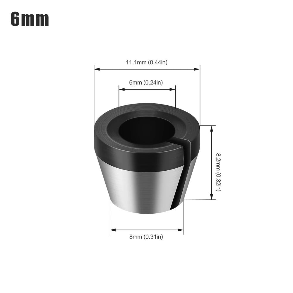 Präzisions-Router-Kehlmutter mit Maßen von 6mm, 11,1mm und 8mm.