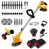 A yellow cordless grass trimmer and edger with two batteries and various attachments shown.