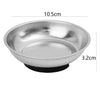 Silver magnetic parts tray with a black base, measuring 10.5cm in diameter and 3.2cm high.