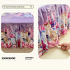 A set of floral print bed skirt and pillowcase fabric in shades of purple, pink, and cream.