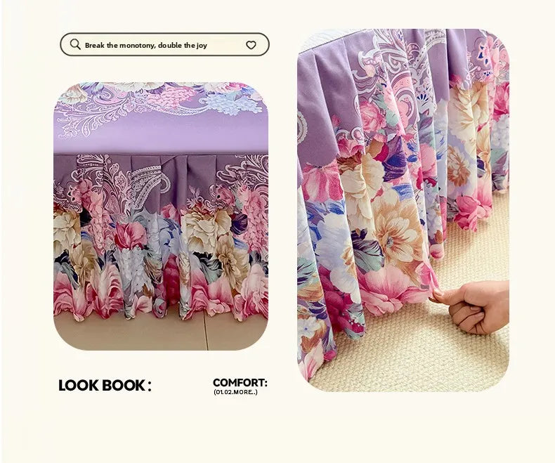 A set of floral print bed skirt and pillowcase fabric in shades of purple, pink, and cream.