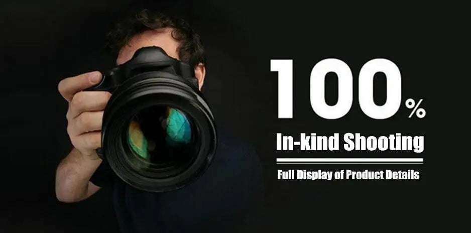 A person holds a camera lens, with text overlay stating 100% In-kind Shooting for a JDM-Style Eagle Beak Clasp Keychain.