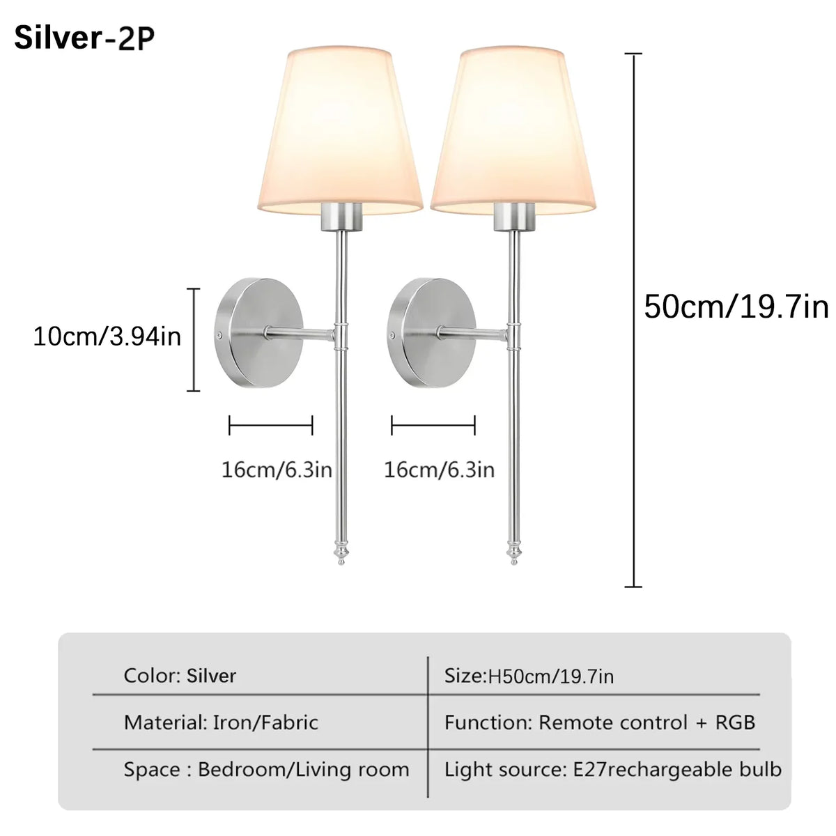Silver-2P wall sconces featuring a light shade and remote control functionality