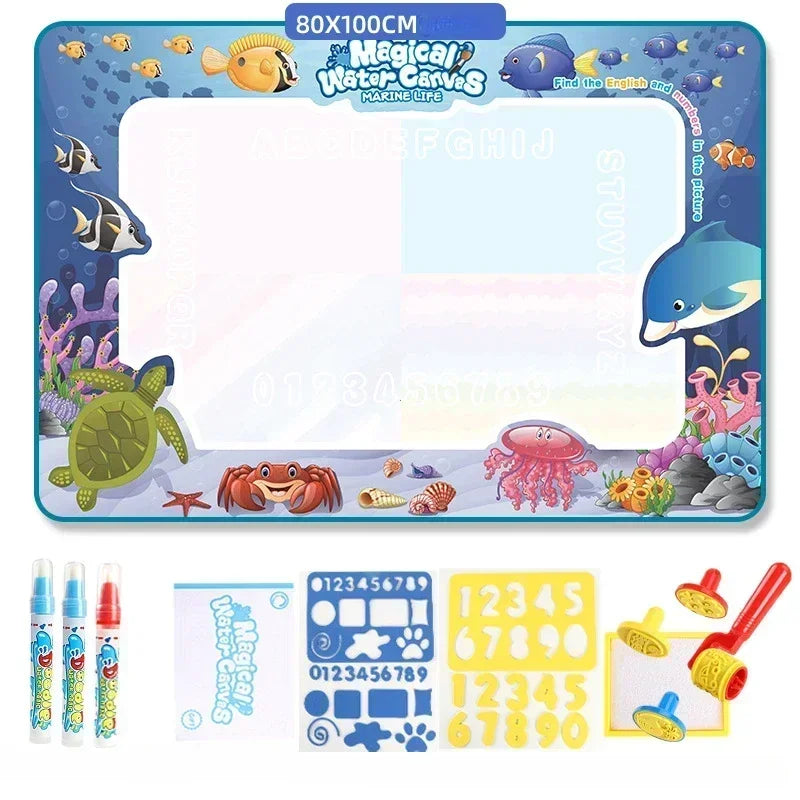 A large reusable water drawing mat with magic pens and various sea creatures for kids