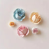 A collection of five pastel pink and blue rose blooms made from silicone molds for chocolates and candies.