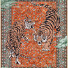 An area rug featuring a vibrant orange background with a tiger print depicting two tigers facing each other.