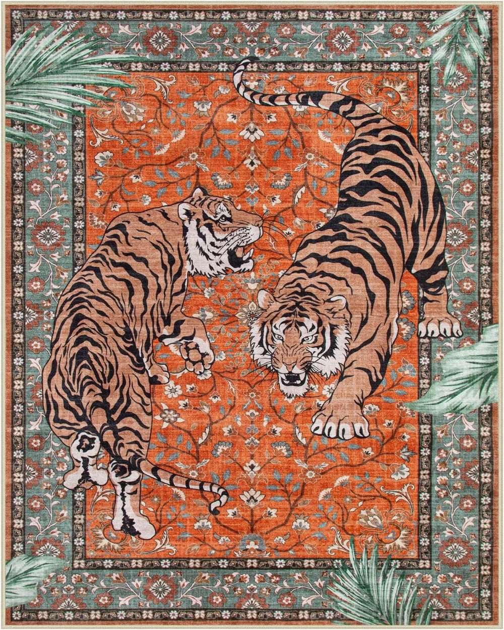 An area rug featuring a vibrant orange background with a tiger print depicting two tigers facing each other.