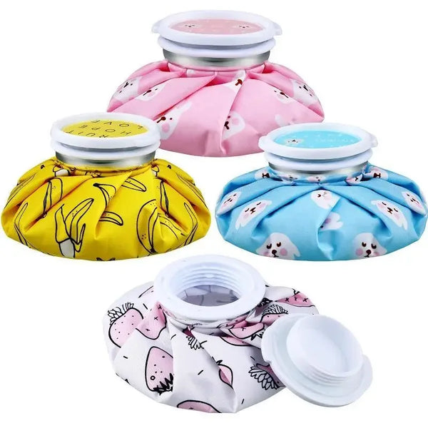 A set of reusable multi-use ice and heat therapy packs in pink and yellow fabric.