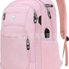 Pinkes Slim-Laptop-Rucksack mit gepolstertem Schultergurt und mehreren Reißverschlusstaschen.