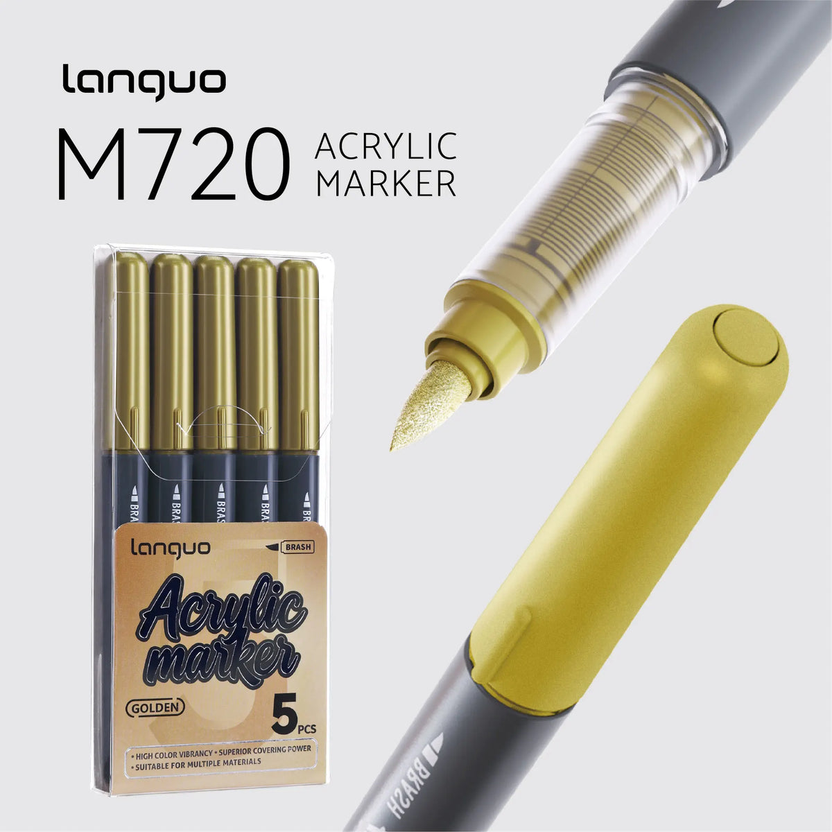 A set of five gold acrylic markers from Languo with fine tips shown next to a single marker.