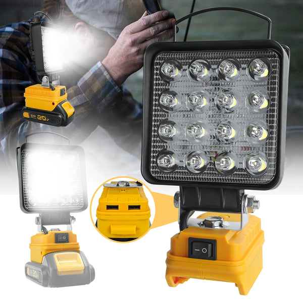 A cordless LED work light is shown with a yellow battery and a large floodlight head, next to a similar light with multiple b