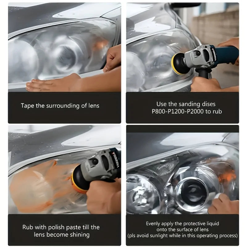 Instructions showing how to clean and restore car headlights using sanding discs and polish paste