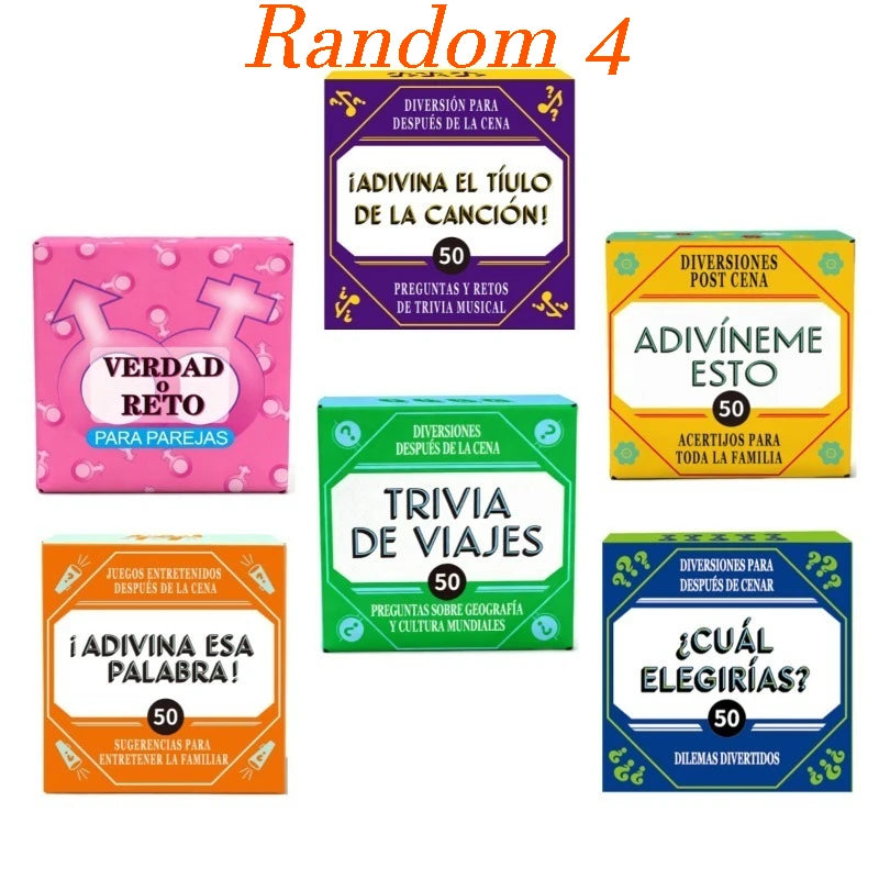 A collection of four colorful card games for adults and families, including trivia, guessing songs, and travel knowledge.