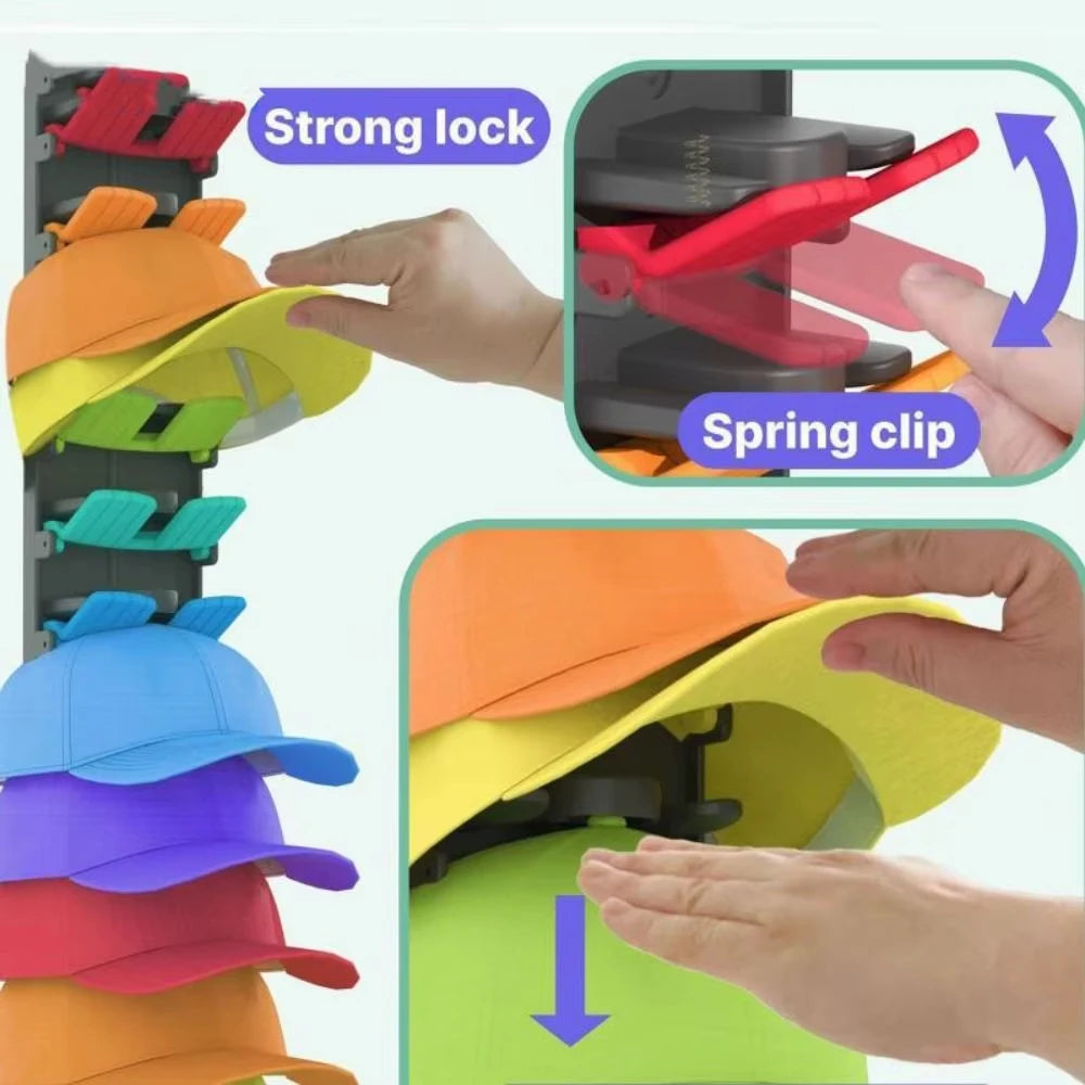 A wall-mounted baseball cap organizer rack showing a strong lock and spring clip mechanism for securing caps.