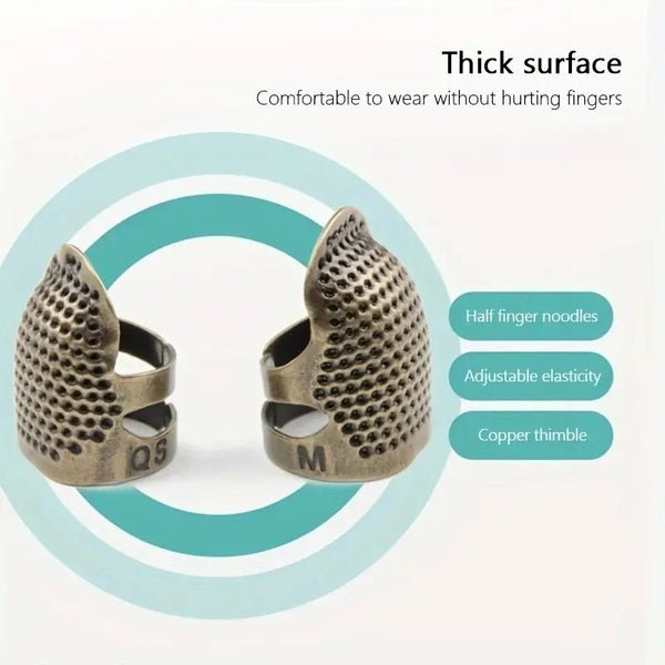 A pair of vintage metal sewing thimbles with finger protectors and adjustable elasticity for sewing.