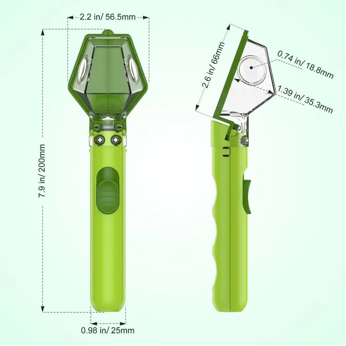 A lime green eco-friendly bug catcher and magnifying viewer for kids shown in side view and top view.