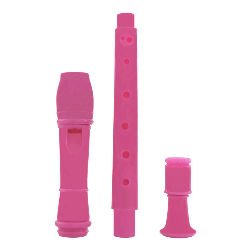 A pink 8-hole soprano recorder with a cleaning rod.
