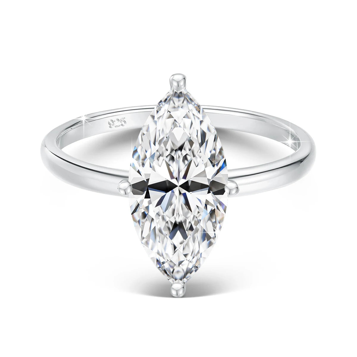 A marquise cut moissanite engagement ring set in sterling silver.