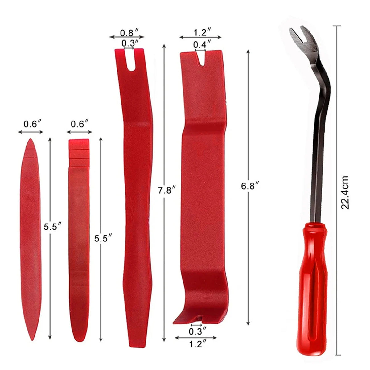 A set of red car trim removal tools and a storage bag shown with various sizes.