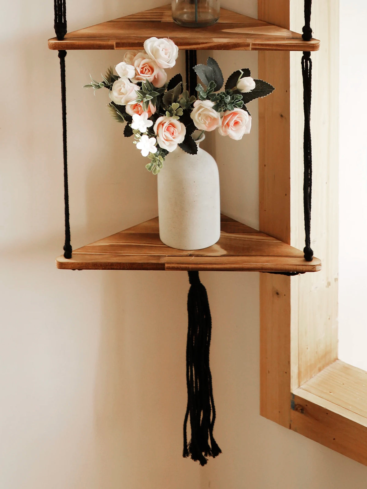 Triangle Wood Floating Wall Shelf with Macrame Rope