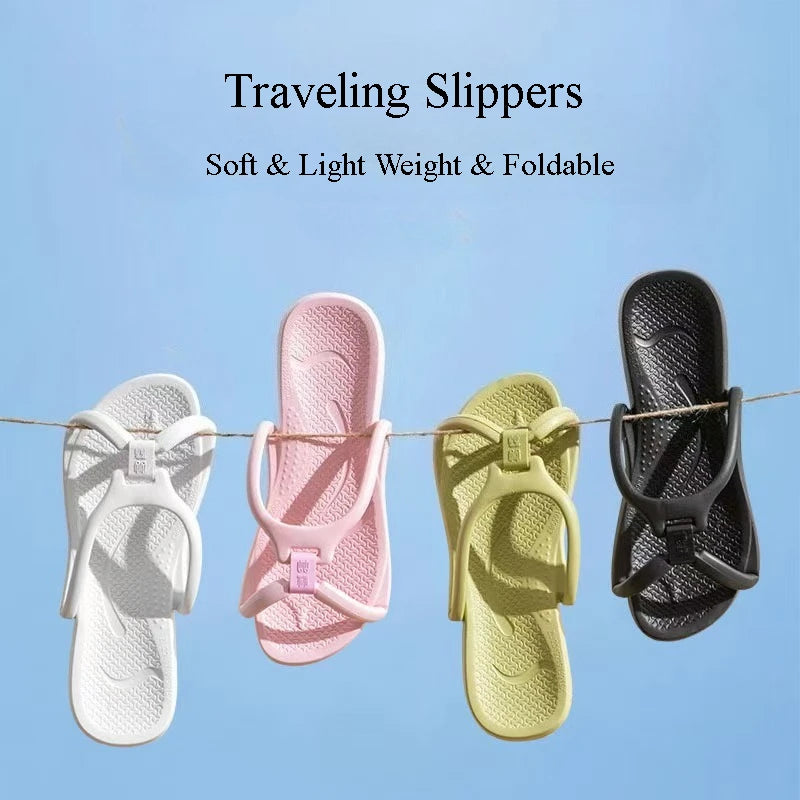 Three pairs of foldable EVA travel slippers in white, pink, and olive green are displayed hanging on a line.