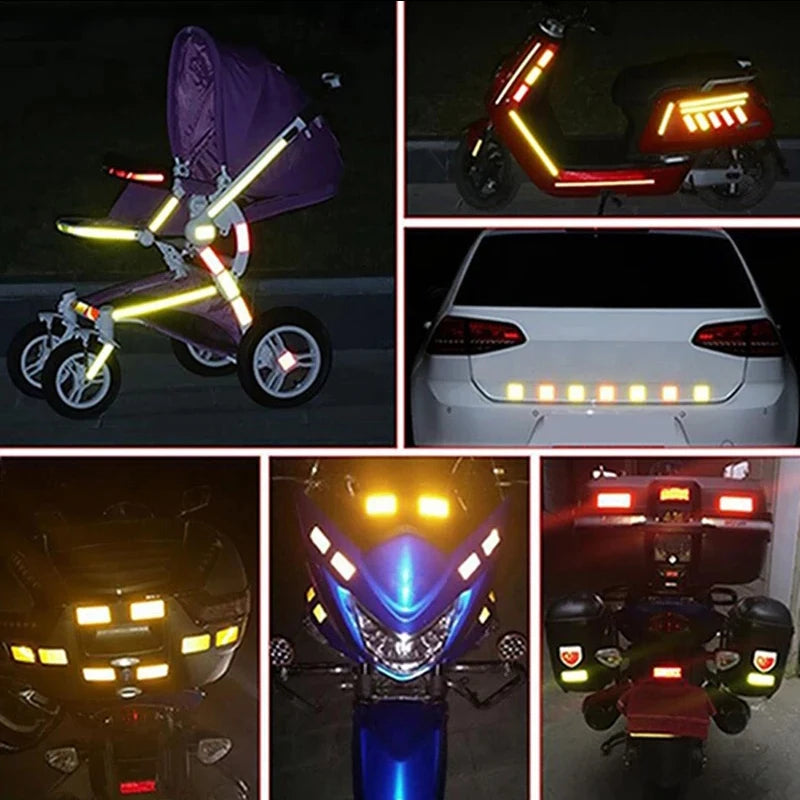 Various reflective strips and lighting systems for vehicle and motorcycle safety visibility.