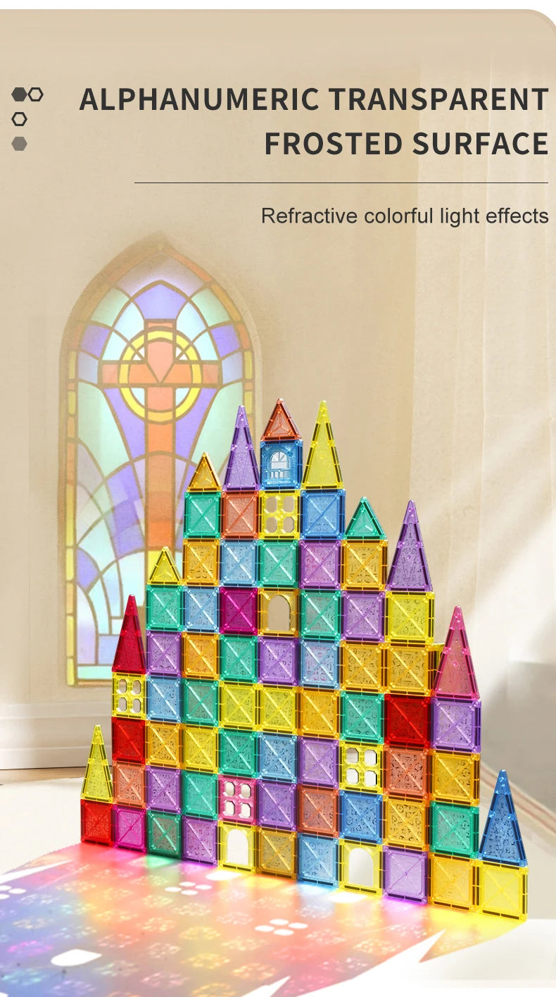 Colorful alphanumeric transparent frosted surface magnetic building tiles creating light effects