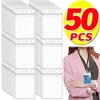 A stack of fifty clear waterproof ID card holders with lanyards shown next to a woman wearing a pink blazer.