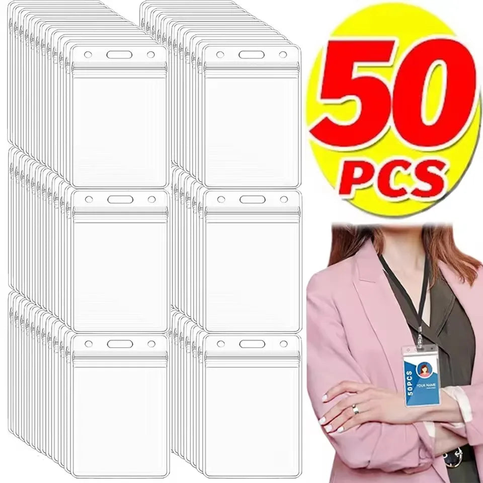 A stack of fifty clear waterproof ID card holders with lanyards shown next to a woman wearing a pink blazer.
