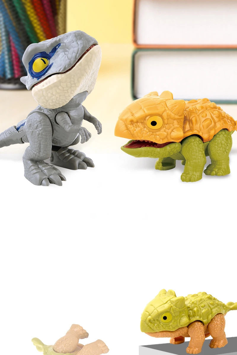 A gray dinosaur figurine stands next to an orange and green dinosaur figurine on a light yellow background.