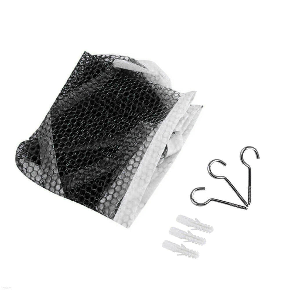 Black and white mesh toy storage hammock for kids' rooms with metal hooks