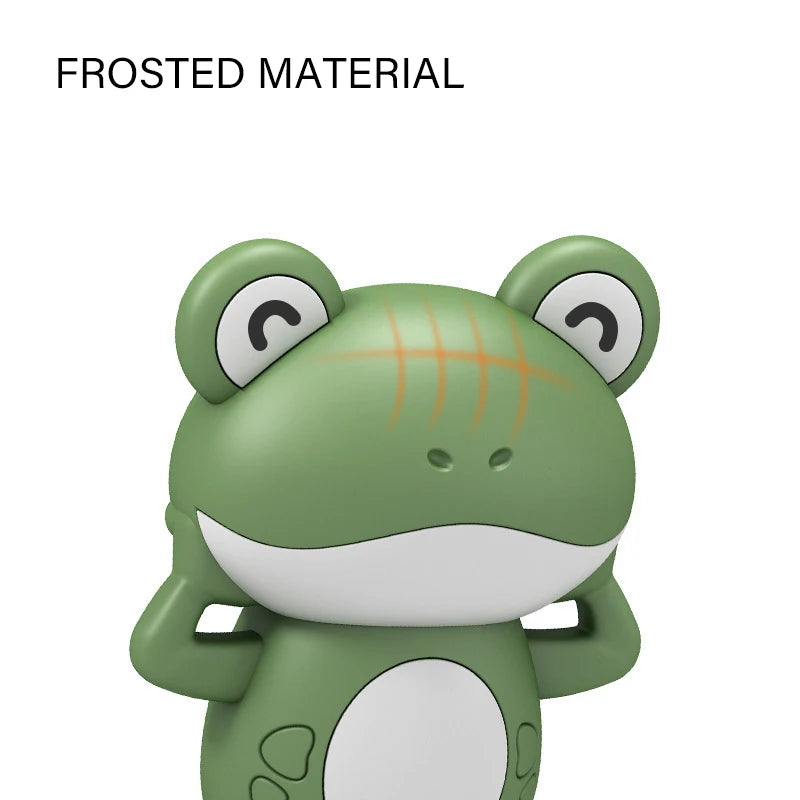 A green frog toy made of frosted material with large eyes and a smooth body.
