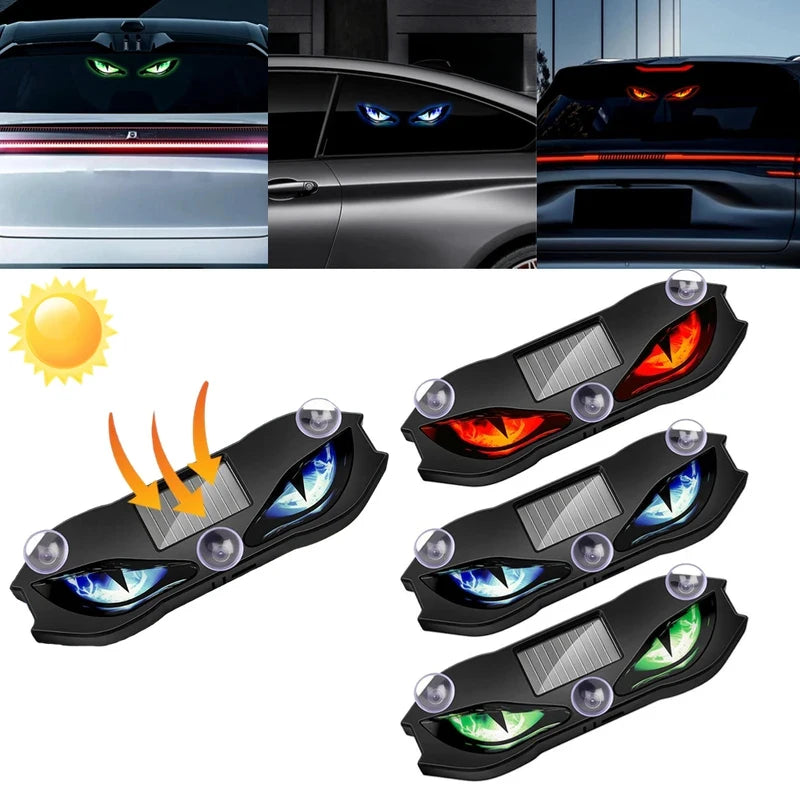 A set of solar-powered car ambient lights featuring demon eye designs in green, blue, and red.