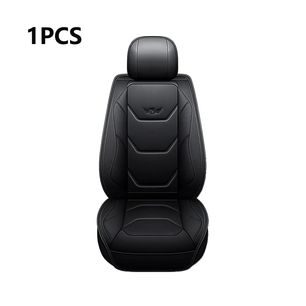 A single black universal leather car seat cover with airbag compatibility.